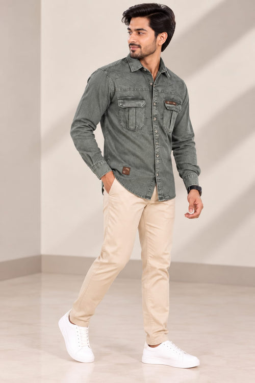 Men’s Washed Olive Green Full Sleeve Utility Shirt