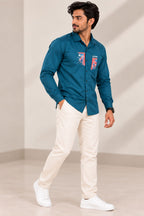 Men’s Teal Solid Full Sleeve Shirt with Printed Chest Detail