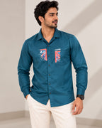 Men’s Teal Solid Full Sleeve Shirt with Printed Chest Detail
