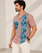 Men’s Dusty Rose Textured Floral Print Cuban Collar Shirt