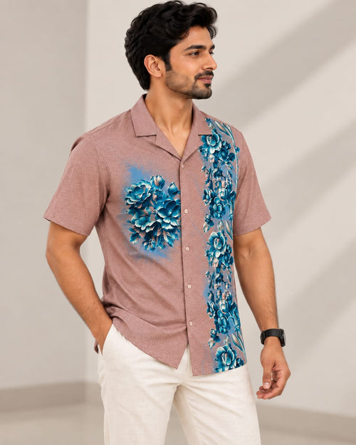 Men’s Dusty Rose Textured Floral Print Cuban Collar Shirt