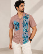 Men’s Dusty Rose Textured Floral Print Cuban Collar Shirt